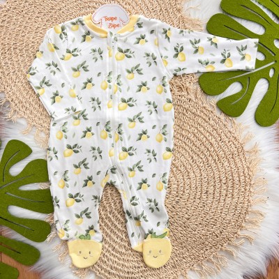 Macacão de Malha com Abertura em Zíper Limãozinhos - Off White e Verde